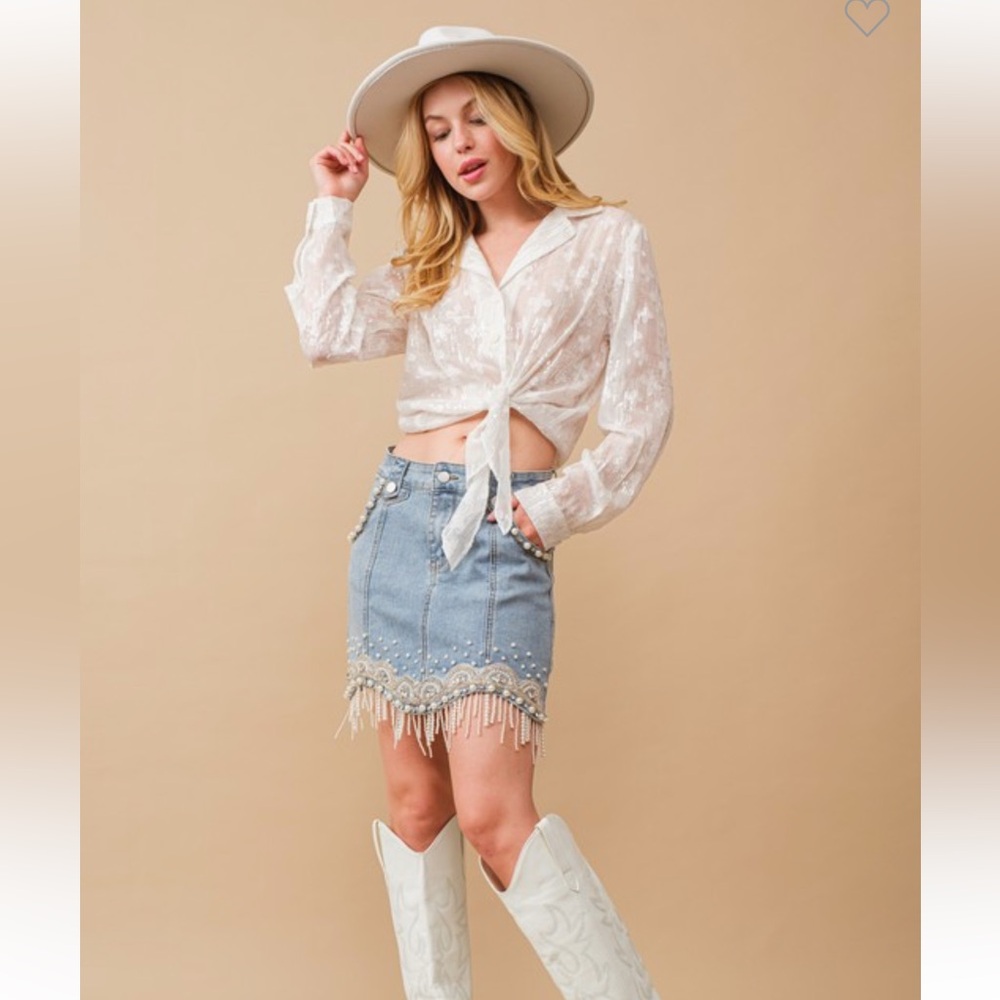 Beaded Fringe Light Blue Denim Mini Skirt